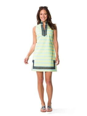 Sail To Sable Preppy Stripe Cotton Slub Dress Lime & Cockatoo Blue Stripe  - XS